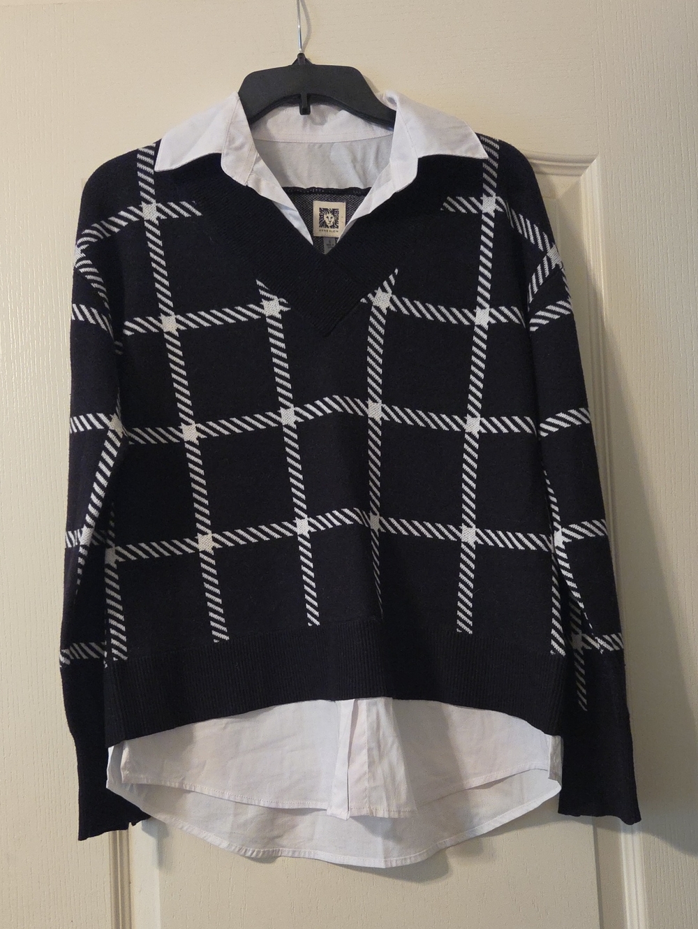 Anne Klein Black and White Windowpane V-Neck Sweater